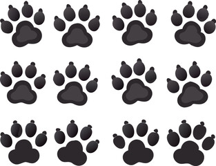 Collection of nine stylized animal paw prints in shades of gray against a plain white background.