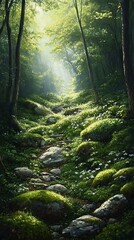 Fototapeta premium A serene forest path illuminated by sunlight, surrounded by lush greenery and flowers.