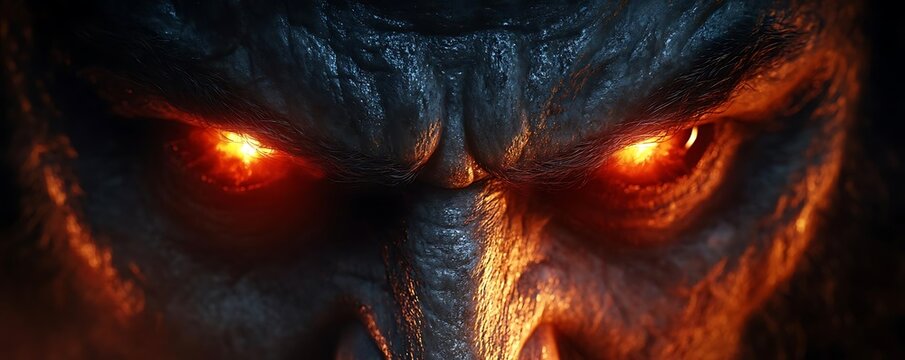 Hellish beast close-up, fiery eyes.  Fantasy game art