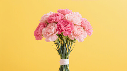 Fototapeta premium Delightful bouquet of pink carnations against a vibrant yellow background perfect for spring celebrations or romantic occasions.