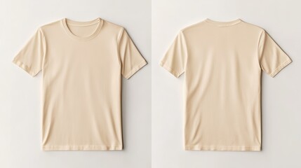 Naklejka premium T-shirt mockup. Beige blank t-shirt with front and back views. Apparel template for branded clothing, fashion design, and online store displays.