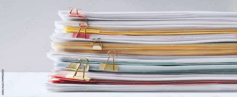 Poster the organized stack of documents with colorful binder clips on a clean surface.