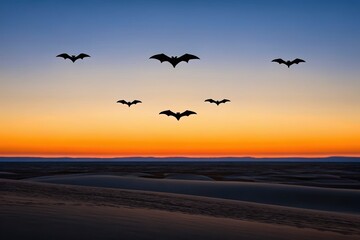 Naklejka premium Bat Habitat Bats flying against a vibrant sunset sky over a serene landscape.