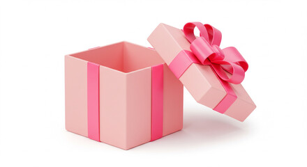 Obraz premium Pastel Pink Gift Box with Open Lid and Ribbon, A Festive Decoration with Elegant Bow and Packaging, Celebratory Object Isolated on White Background