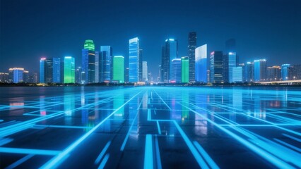Fototapeta premium Digital Grid Overlooking a Futuristic Cityscape