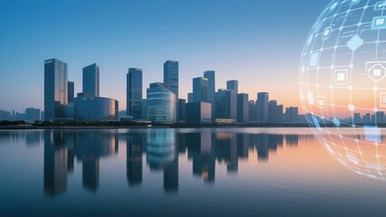 Naklejka premium Modern Cityscape with Digital Globe Overlay