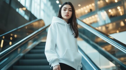 Hoodie mockup with model on escalator. Stylish white hooded sweatshirt display for fashion brands. Female streetwear clothing template image.