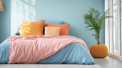 Coastal bedroom, pastel bedding, sunlight, plant, calm