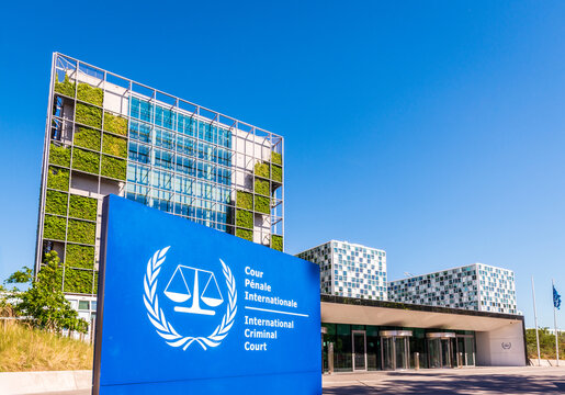 The Hague, Netherlands - May 13, 2025: Sign at the entrance of the seat of the International Criminal Court (ICC), designed by Schmidt Hammer Lassen and built in 2015.