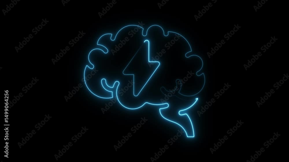 Poster brain with lightning bolt animation representing idea generation and innovative thinking in a dark e
