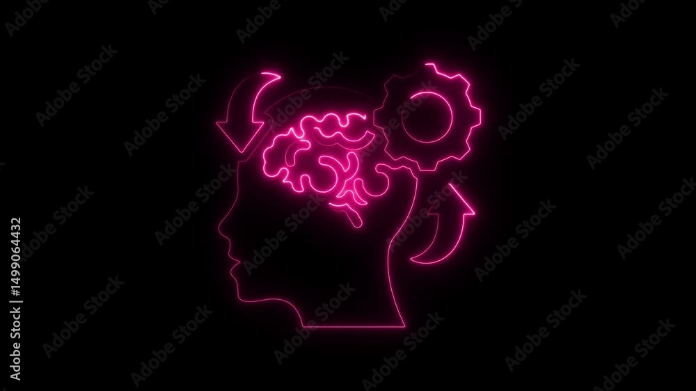 Poster animated neon brain and gears symbolizing mental processes and cognition on a black background