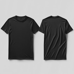 Black t-shirt mockup. Front and back views of plain black tee. Ideal for apparel branding, fashion designs, or promotional merchandise templates.