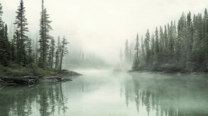 Serene Misty Forest and Reflections on Calm Water Lake