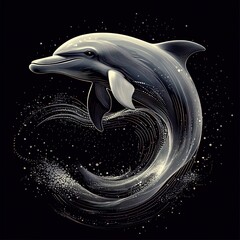 Graceful dolphin leaping, stylized in dark tones, with swirling water