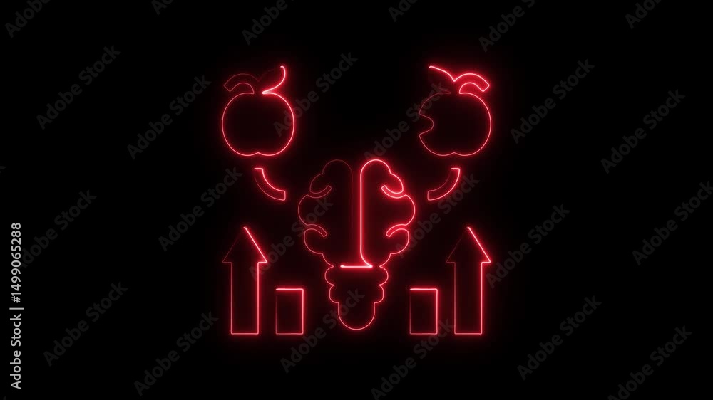 Poster conceptual animation of a glowing red neon sign featuring an apple brain and arrows representing ide