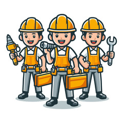 Colorful builder mascot vector cartoon style holding tool wearing gloves and smiling expression for construction business branding contractor services logo design