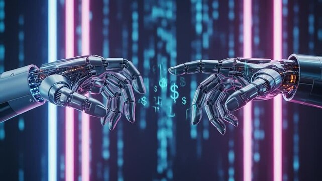 Futuristic robot hands interact with financial data