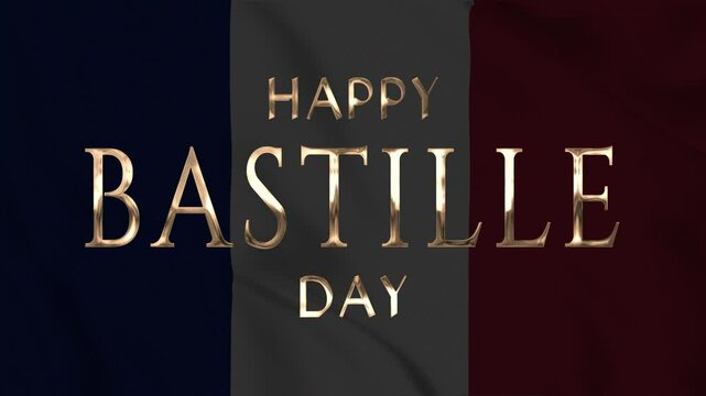 Happy Bastille Day golden text animation with cinematic blur effect on French flag background. Perfect for Bastille Day themed motion graphic designs.