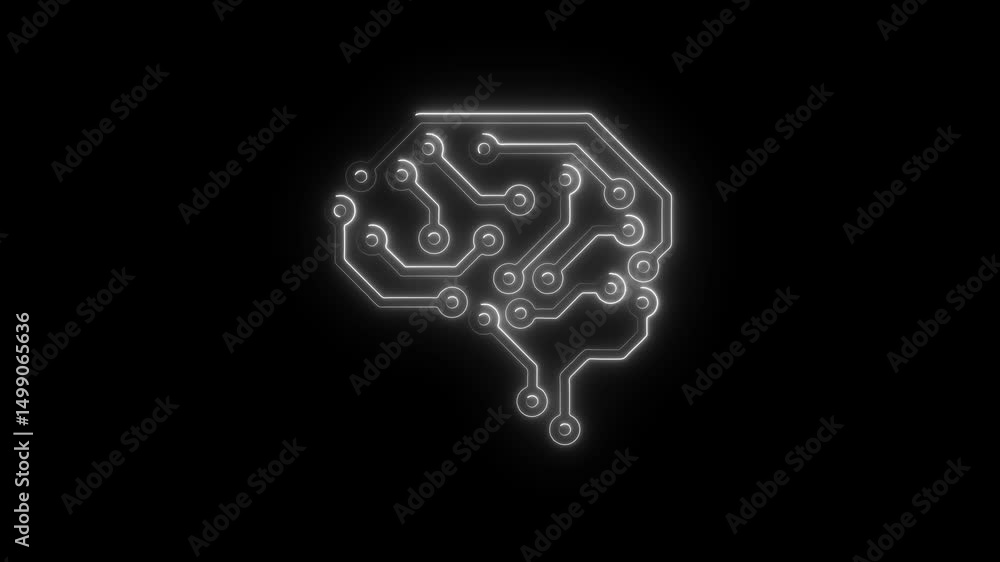 Poster illuminated circuit board brain depicting artificial intelligence and advanced technology concept