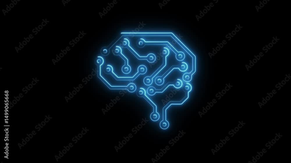 Poster animated neon brain circuit board on black background representing ai and technological innovation