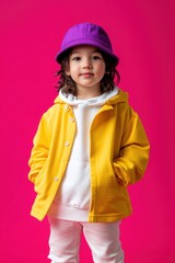 Child fashion portrait. Cute kid wearing yellow jacket, white hoodie, and purple hat against a vibrant pink background. Trendy kidswear outfit for style inspiration.