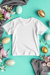 Blank white t-shirt mockup with rounded collar, flat lay design, styled with pastel Easter decorations, perfect for apparel branding and product showcasing.