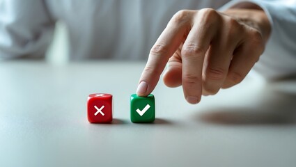 Choosing a correct decision choosing right over wrong with dice and a finger