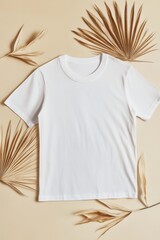 Blank white t-shirt mockup. Front and back views on a beige background with decorative leaves. Perfect for apparel design and fashion branding templates.