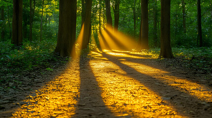 Fototapeta premium Golden Sunlight Streaming Through Forest Trees Illuminating Path