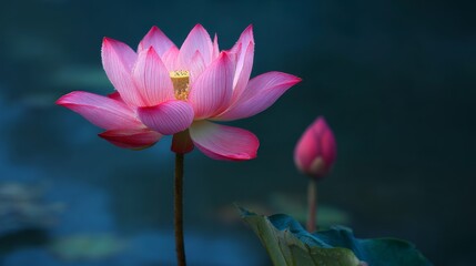 A complex petals pink lotus flower blooms in dim light lake, calm and peaceful scenery 