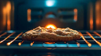 Freshly baked cookie in oven, tempting treat with golden hue and tempting aroma