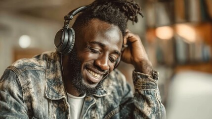 black African man smiling listening music with headphone at home, fashionista man with relax atmosphere