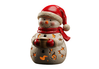Fototapeta premium Festive snowman figurine holding a cup with star cutouts on black background