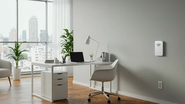 Modern home office setup with white furniture and city view