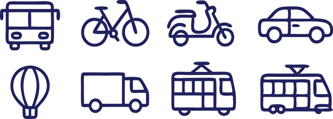  transport vehicle icons, Bicycle, car, motorcycle, bus, truck, hot air balloon, sport