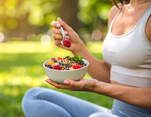 Woman in athletic wear holding a bowl of vibrant fruit salad outdoors. Focus on fresh berries and healthy eating lifestyle