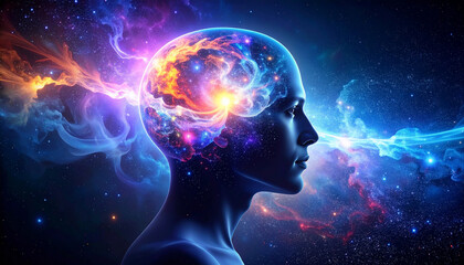 Fototapeta premium Cosmic Consciousness: A surreal depiction of a human head, its mind ablaze with a vibrant nebula, symbolizing limitless potential and profound interconnectedness with the cosmos.