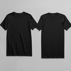 Black t-shirt mockup, front and back views. Blank apparel design template for custom graphics, clothing brands, and fashion marketing strategies.