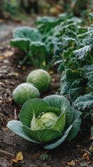  home vegetable garden with cabbages, kale , sustainable lifestyle 