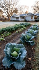  home vegetable garden with cabbages, kale , sustainable lifestyle 