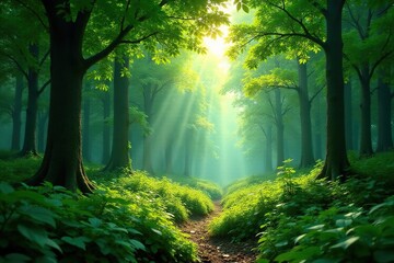Fototapeta premium Untamed wilderness, dense forest canopy, sunlight filtering through leaves , mysterious, undergrowth