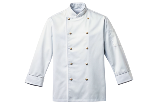 Classic chef's jacket in white fabric for culinary professionals isolated with transparent background