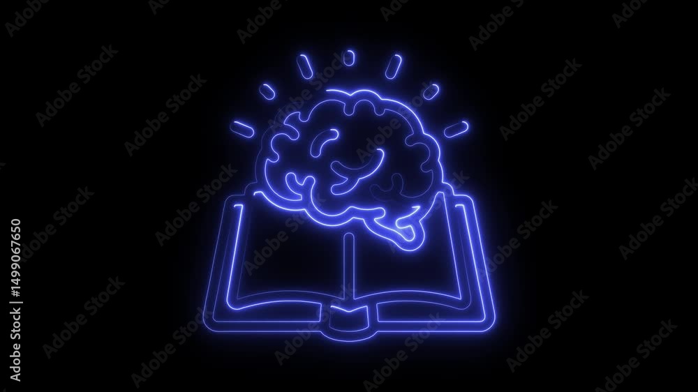 Poster illuminated brain and open book conceptual animation on black background