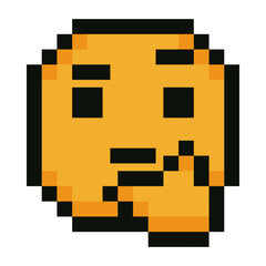 Pixel art illustration of the classic Thinking Face emoji featuring a yellow face with a raised eyebrow, furrowed brow, and hand on chin. Rendered in retro 8 bit style, ideal for nostalgic, meme or