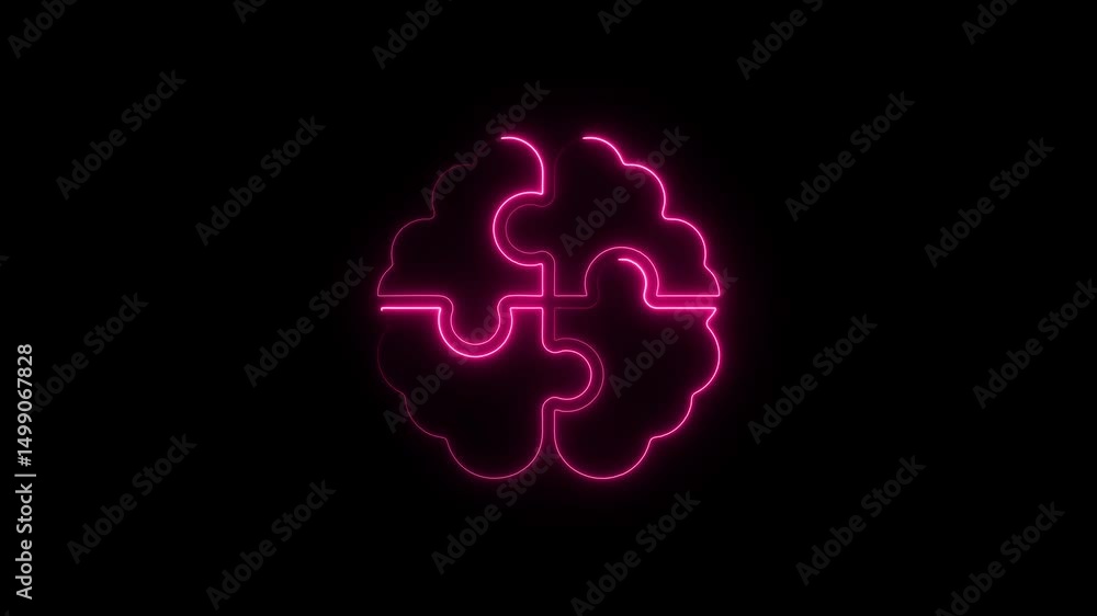 Poster glowing pink neon brain puzzle isolated on black background symbolizing intelligence and connection