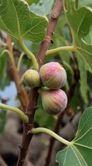 close up green young fig fruit on tree branch 