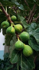 close up green young fig fruit on tree branch 