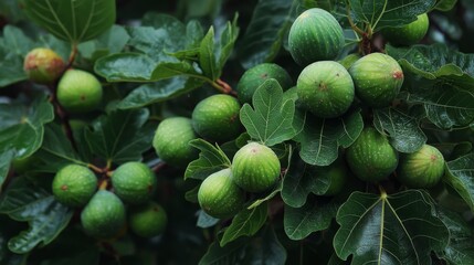 close up green young fig fruit on tree branch 