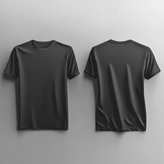 Black t-shirt mockup. Front and back view of a plain black tee on a minimalist background. Blank apparel for designs, branding, and clothing templates.