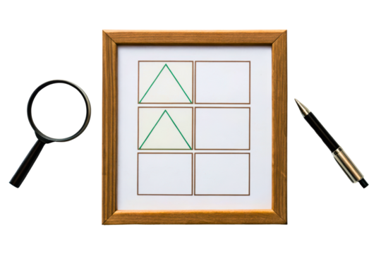 Framed diagram with a magnifying glass and pen for analysis tasks isolated with transparent background